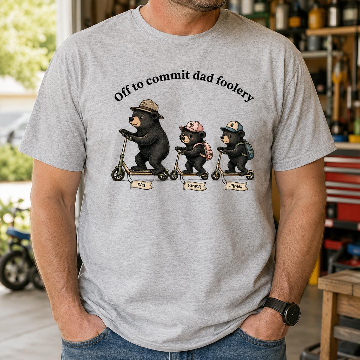 Off To Commit Dad Foolery Bear Dad & Kids - Personalized Shirt - Funny Father's Day Shirt For Husband — Sport Grey