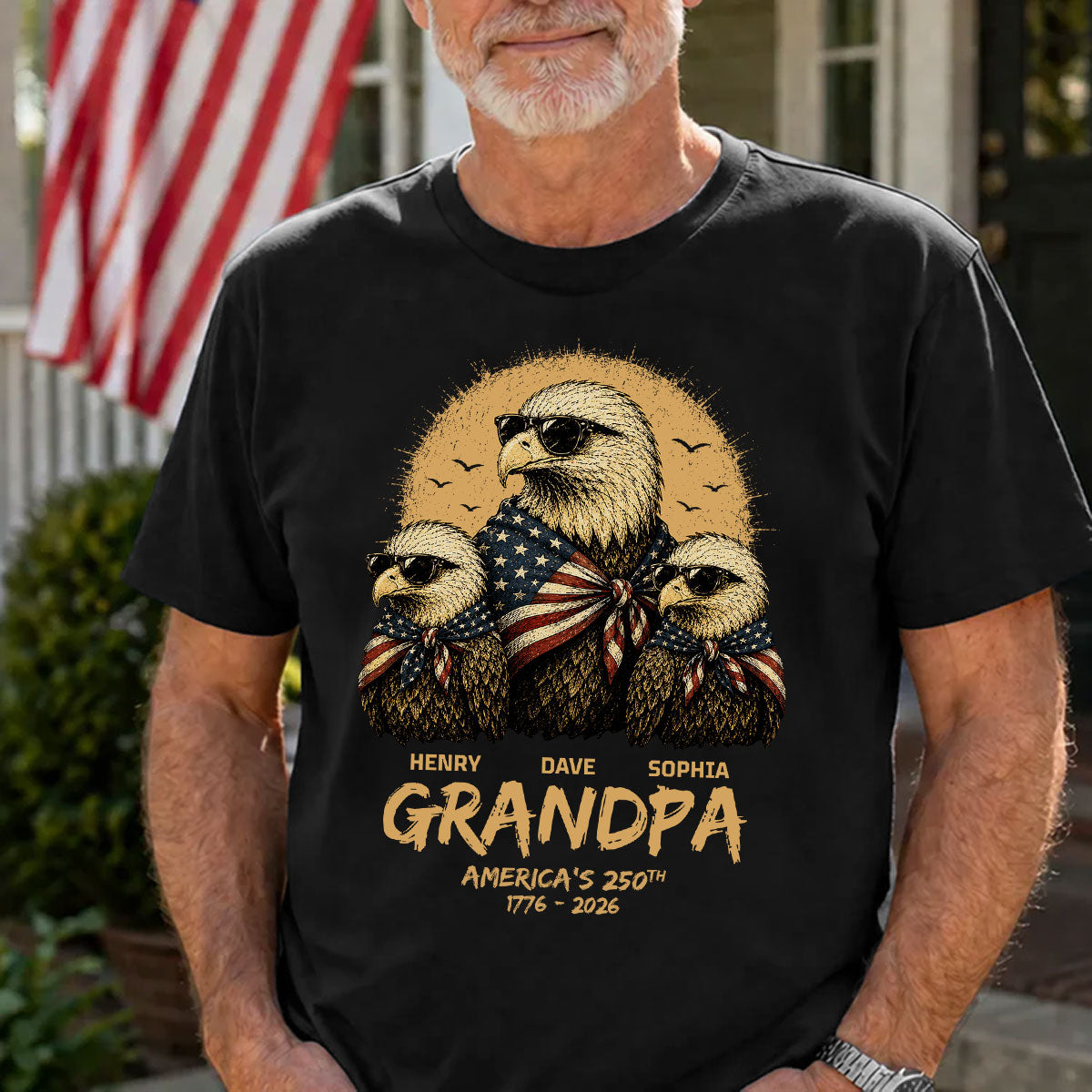 Retro Yellow Vintage Dad Grandpa Eagle America 250th Anniversary - Personalized Shirt - Father's Day Gift For Dad, Grandpa, Husband — Black
