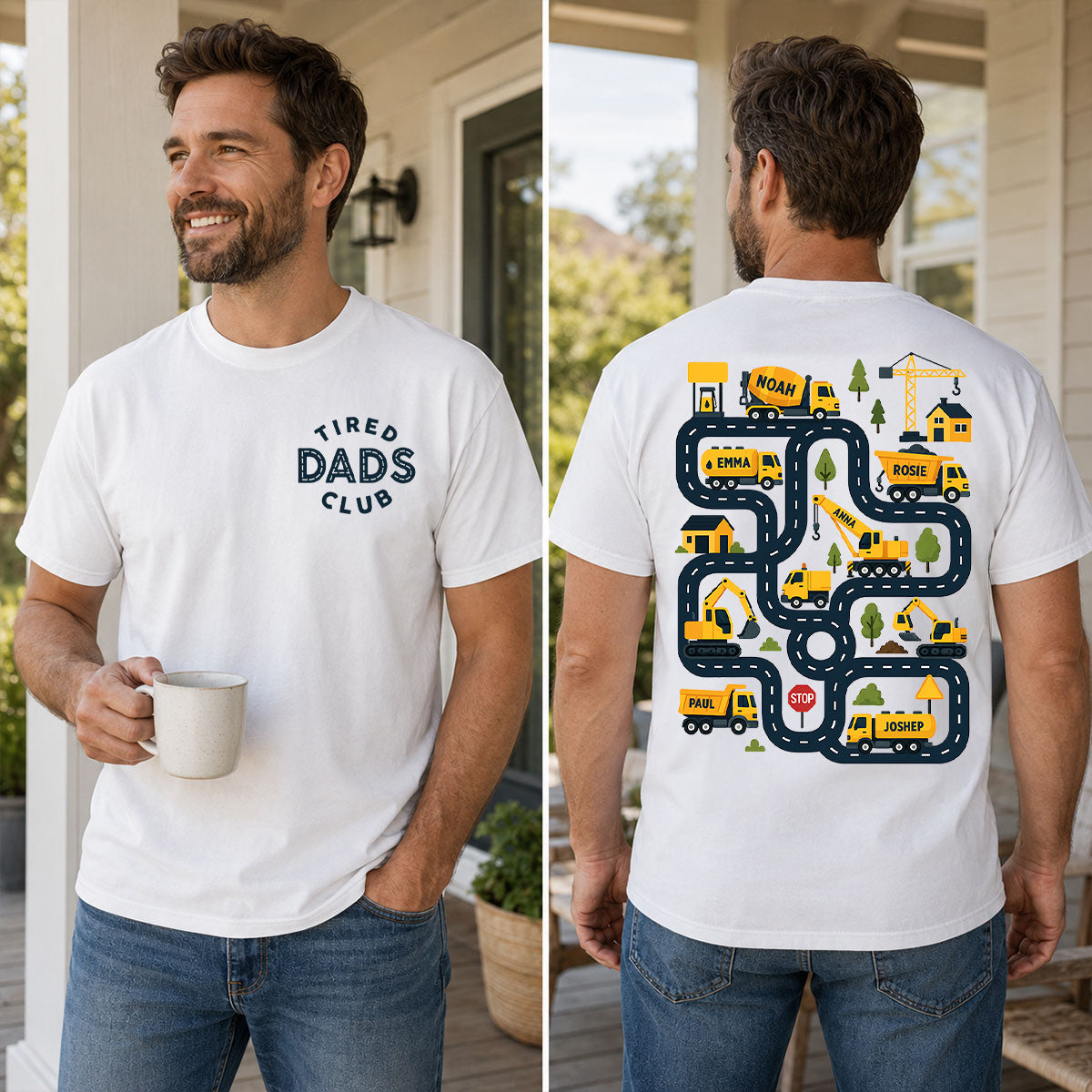 Tired Dads Club Construction Car Track Massage - Personalized Shirt - Funny Father's Day Gift For Dad, Husband — White