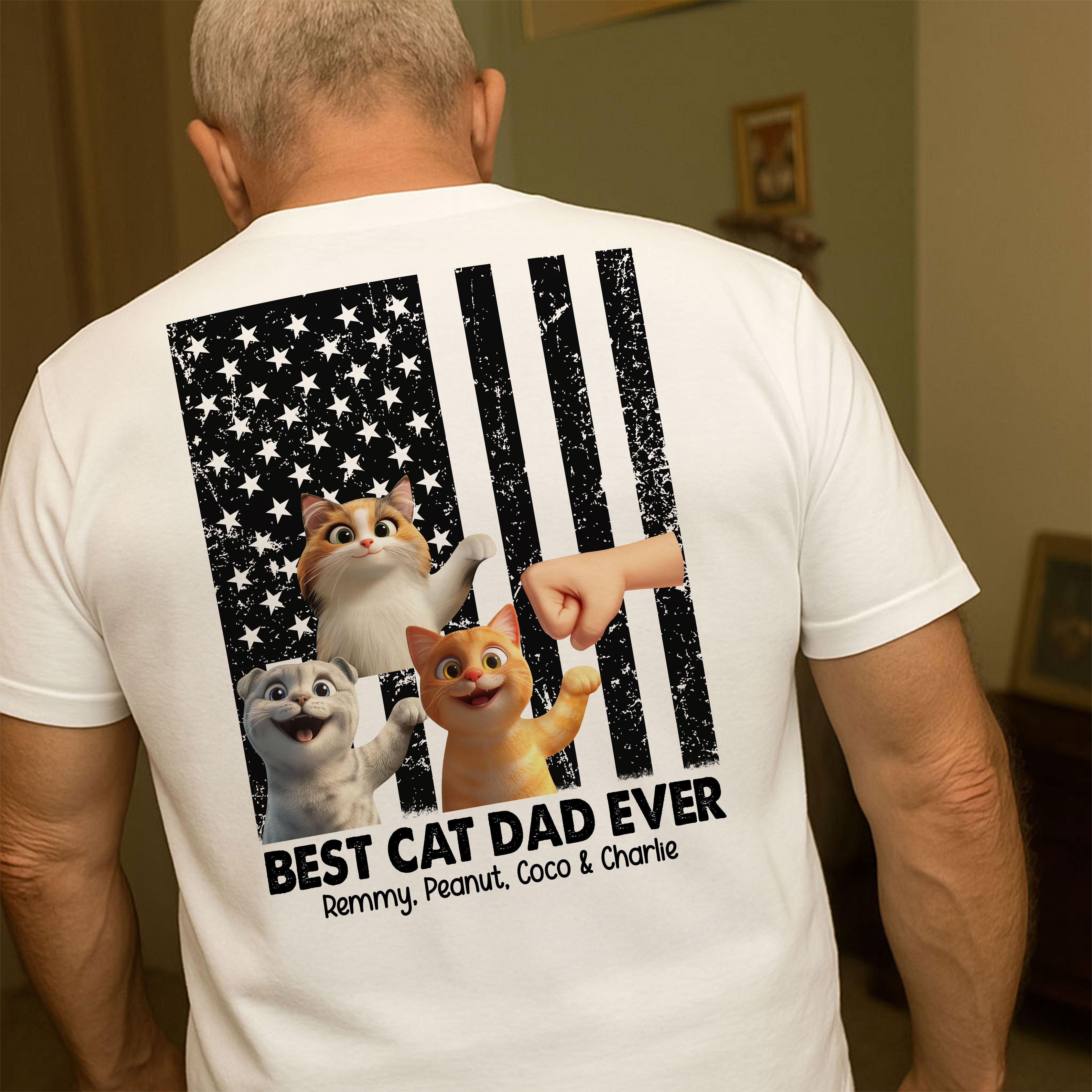 史上最佳猫爸 国旗 可爱卡通猫 个性化T恤，猫爸父亲节礼物，送给丈夫的礼物 — 白色