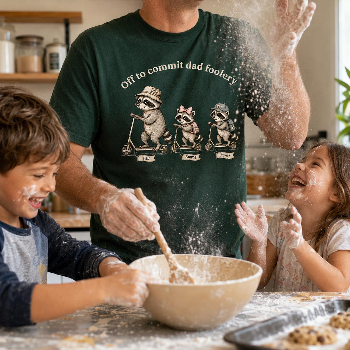 Off To Commit Dad Foolery Funny Raccoon Dad & Kids - Personalized Shirt - Funny Father's Day Shirt For Husband — Light Blue