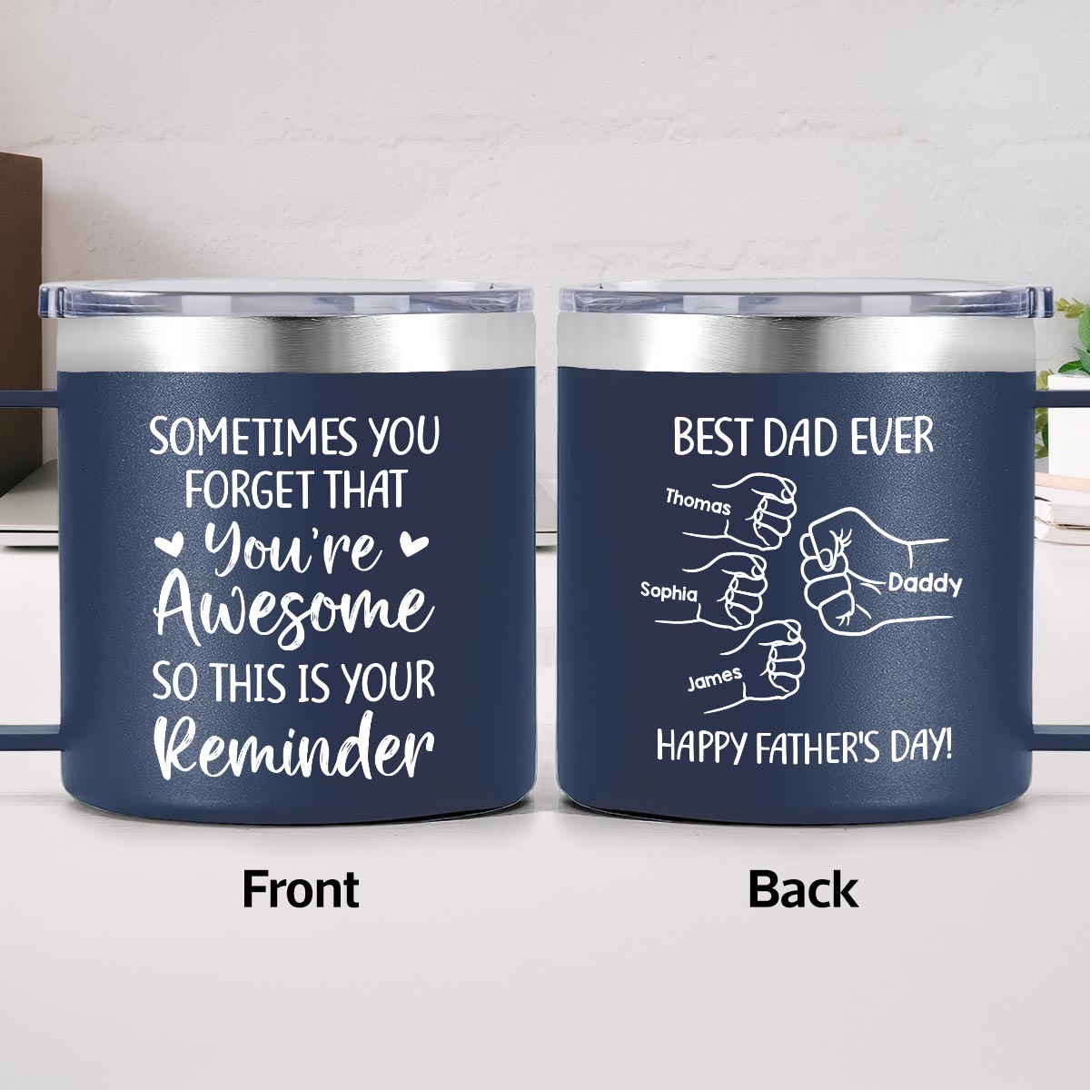 Sometimes You Forget That You're Awesome Best Dad Ever Fist Bumps - Personalized Stainless Steel Tumbler with Handle — Light Blue