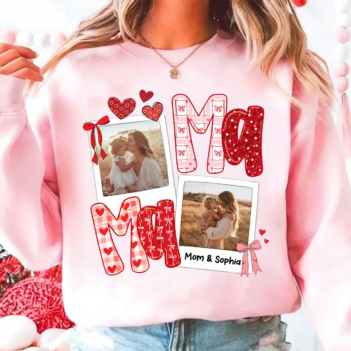 Preppy Mama Valentine Glitter Effect Photo - Personalized Shirt - Heartfelt Gift for Mom — Light Pink