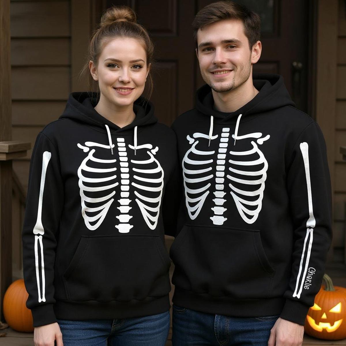 Halloween Skeleton Bones Personalized Hoodie, Perfect Halloween Costume — Black