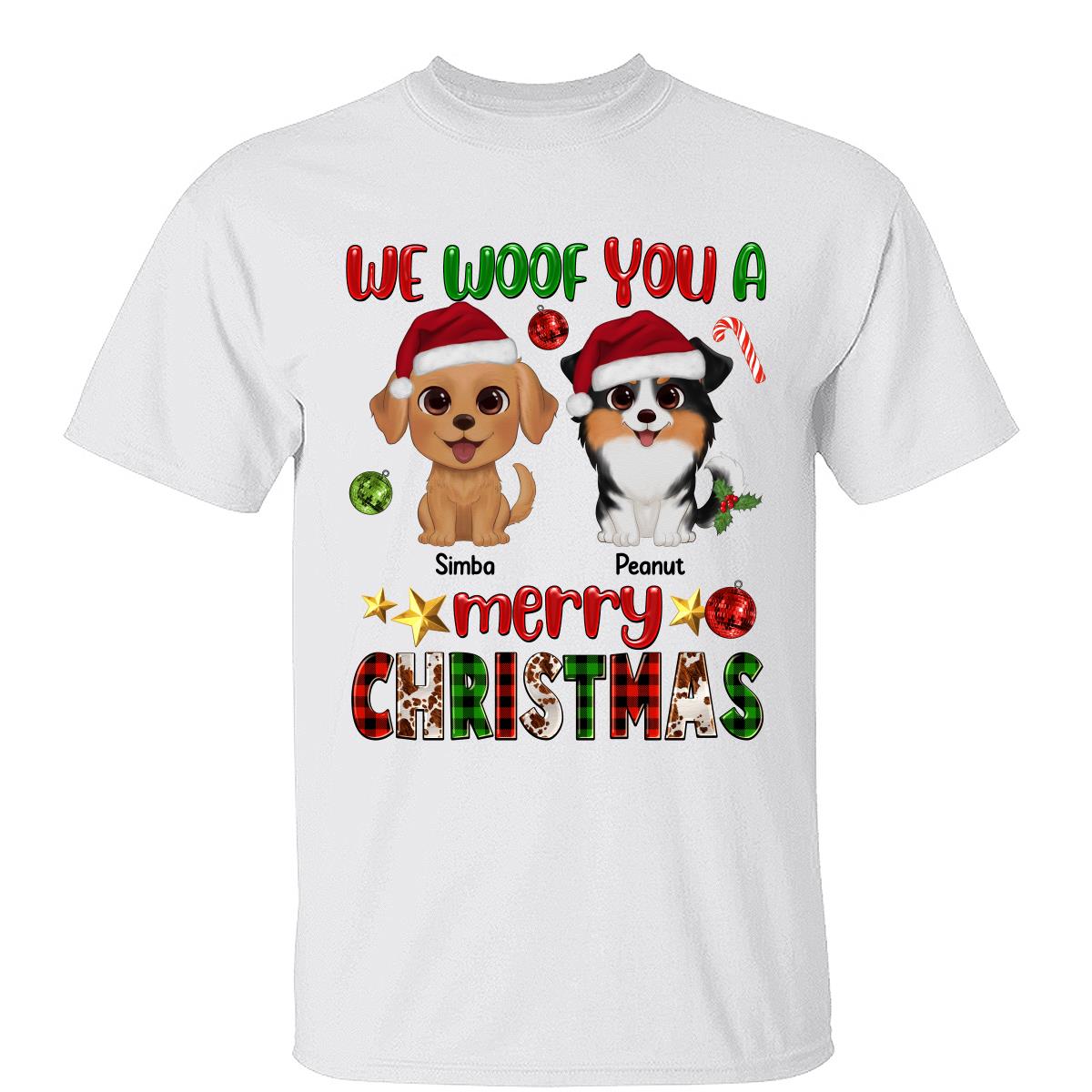 Aquarelle Chiens Mignons Woof You A Merry Christmas T-shirt Personnalisé — Blanc
