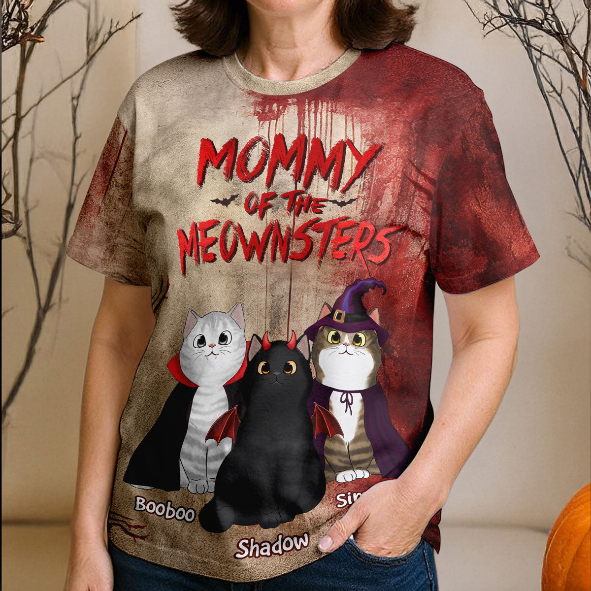 T-shirt 3D personnalisé Horreur Halloween Maman Chat Papa Chat De Miaoustres — Sable