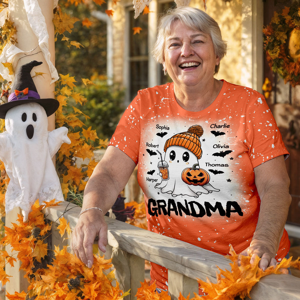 T-shirt 3D Personnalisé Boo Mamie Saison d'Automne Halloween — Blanc