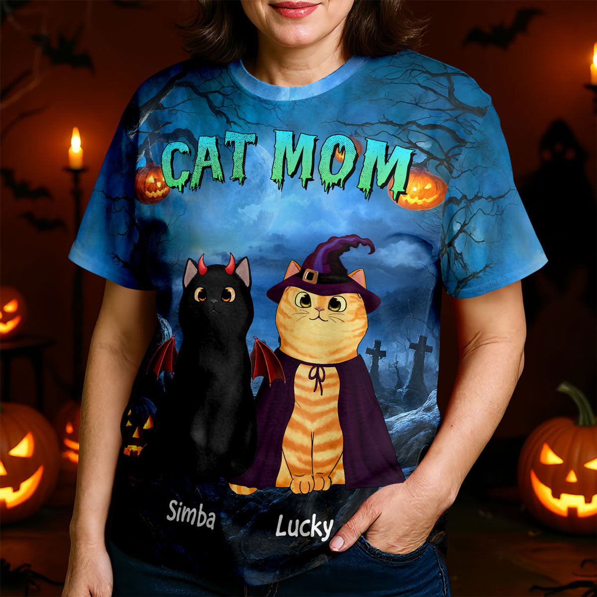 Cat Mom Halloween Night Theme Personalized Shirt, Pawfect Costume for Cat Lover — Light Blue