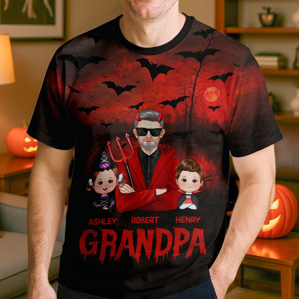 Halloween Papa Opa mit Kindern Dracula Personalisiertes Shirt — Schwarz