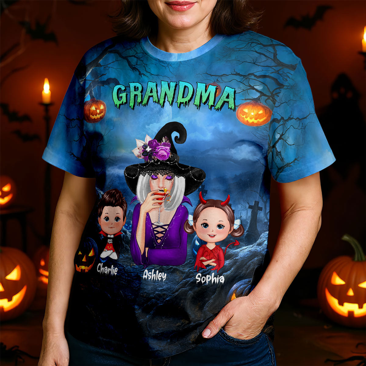 T-shirt Personnalisé Mamie Sorcière Cool & Enfants Dans La Nuit D'Halloween, Déguisement d'Halloween pour Mamie — Bleu Clair