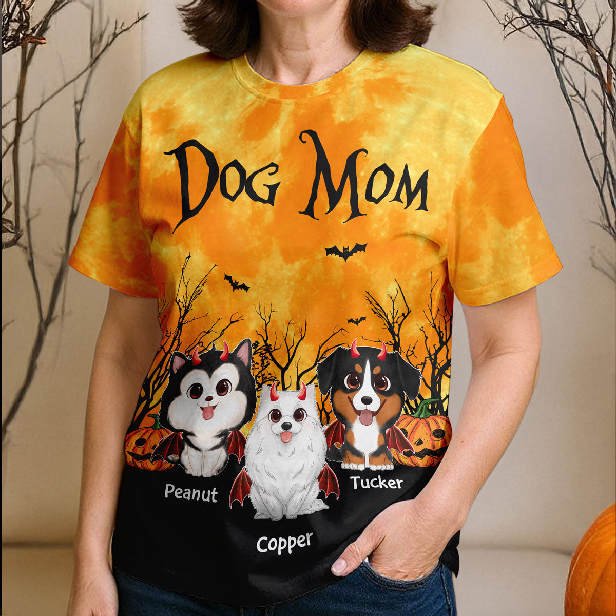 T-shirt Personnalisé Maman Chien Halloween Clair de Lune Chauve-souris Arbre Chien Mignon Cartoon, Costume Pawfect pour Amoureux des Chiens — Sable
