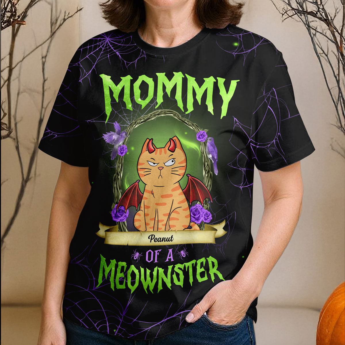 T-shirt 3D Personnalisé Thème Halloween Violet Et Vert Maman Des Chats Monstres — Noir