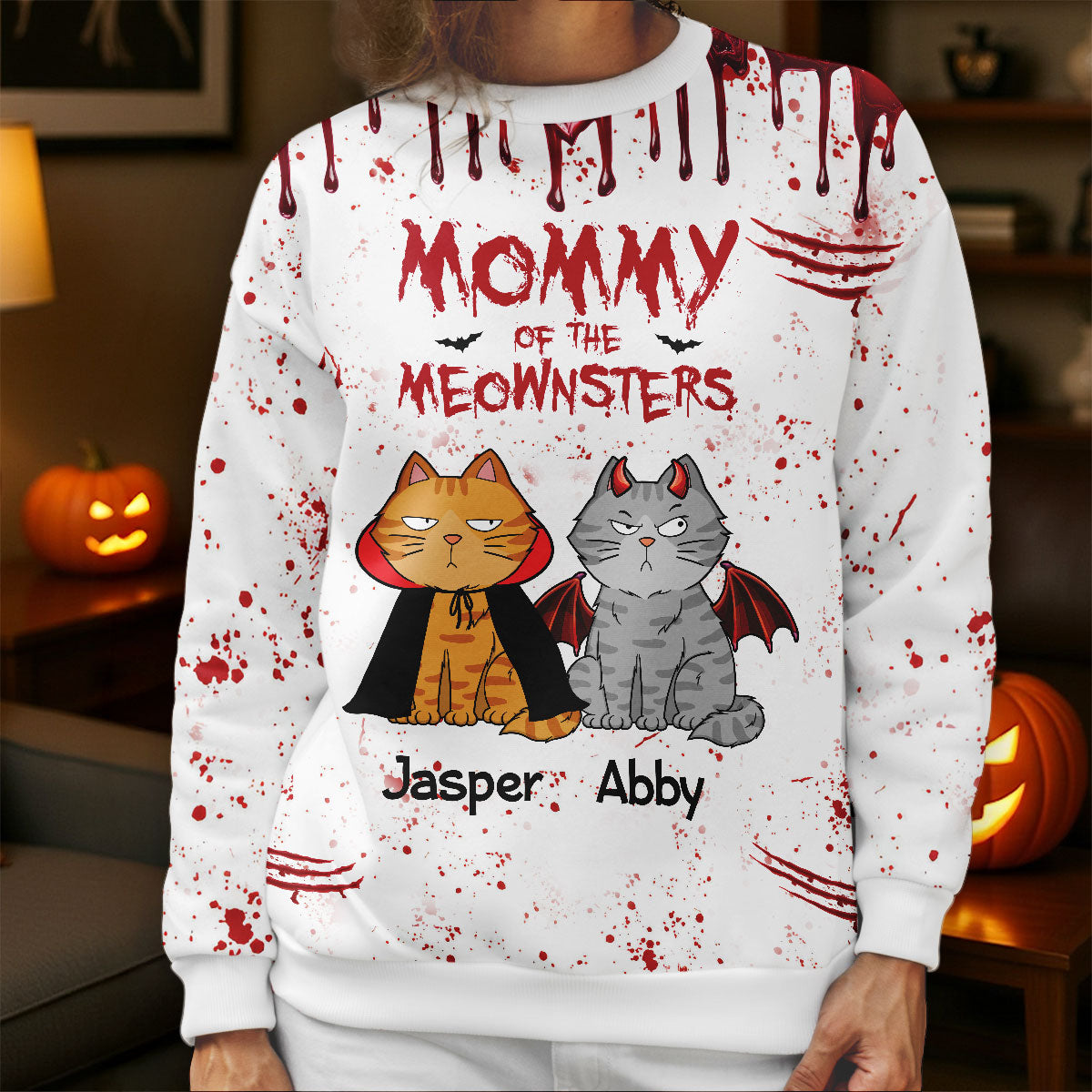 Sweat-shirt 3D Personnalisé Maman Papa Des Monstres Chats Halloween — Blanc