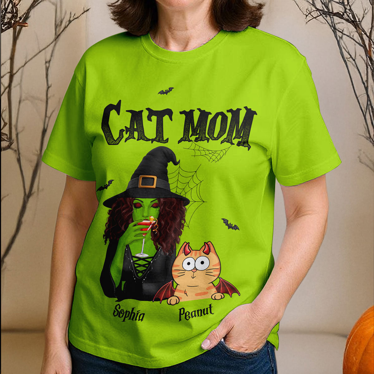 T-shirt personnalisé Maman Chat Sorcière Verte Halloween, Costume effrayant d'Halloween pour les amoureux des chats — Blanc