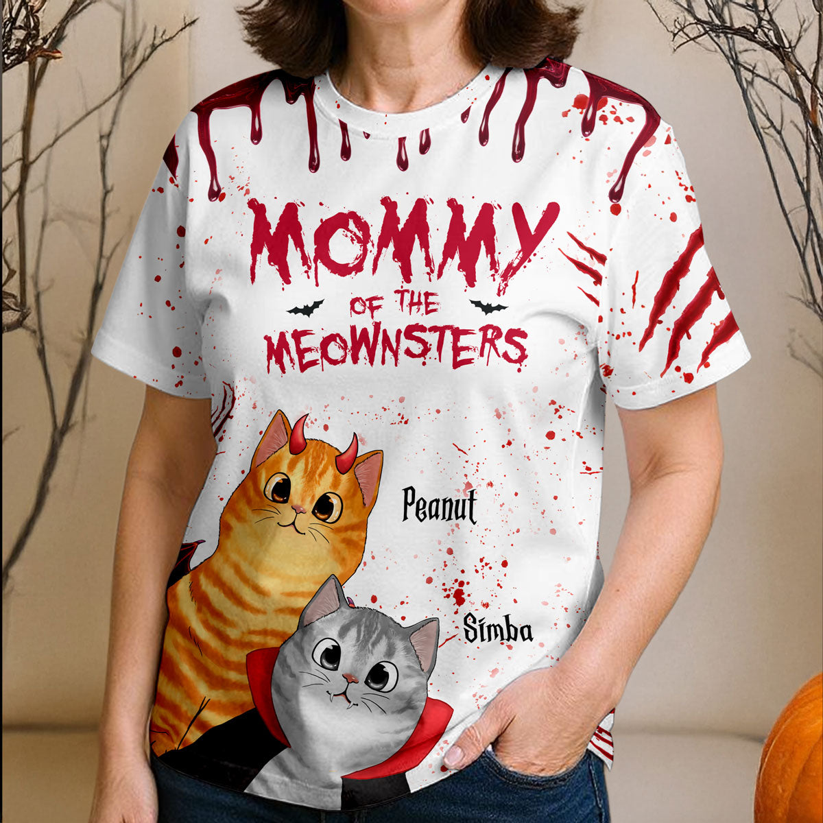 T-shirt 3D Personnalisé Halloween Chats Indiscrets Papa Maman Des Miaounstres — Blanc