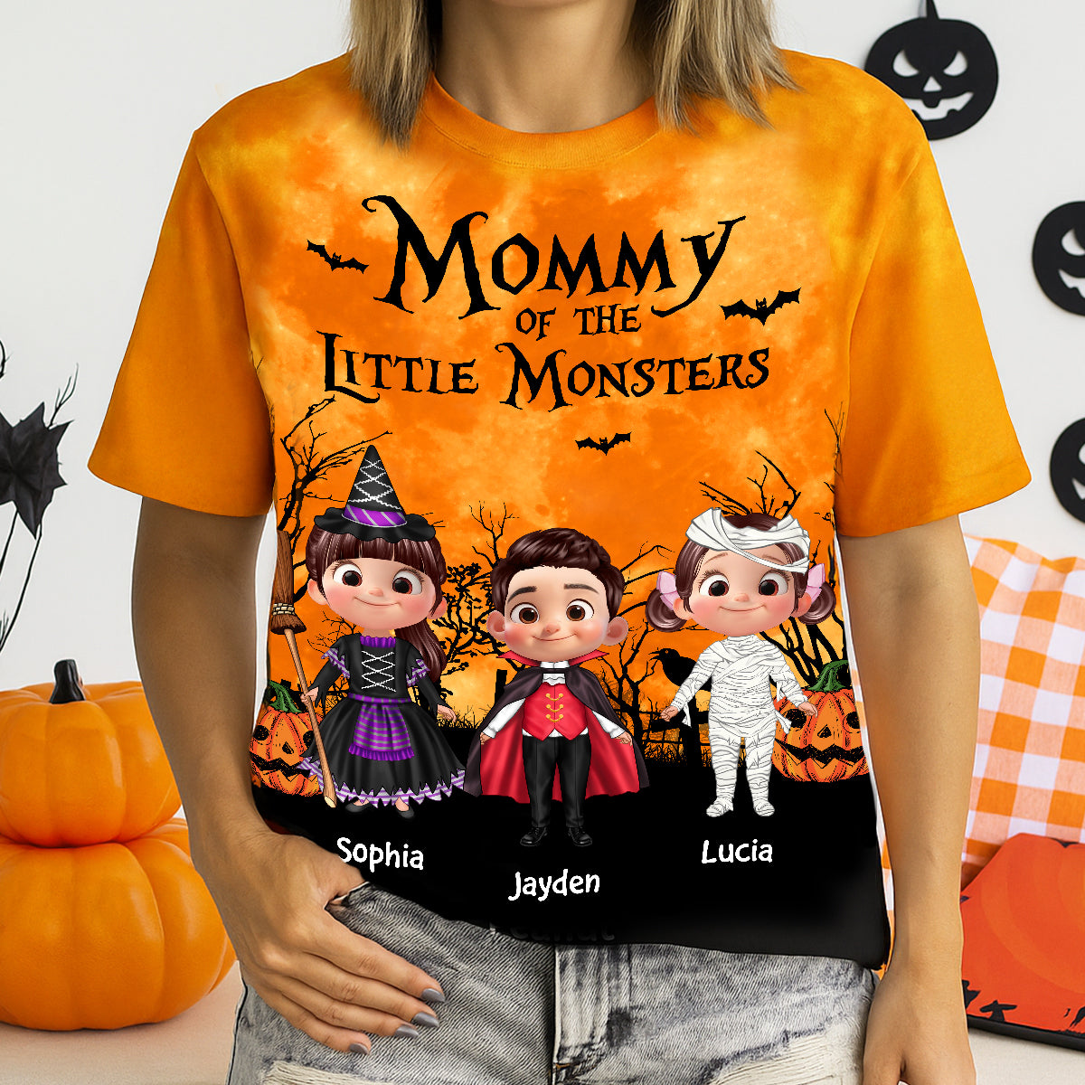 Halloween Maman Papa Mamie Papi Des Petits Monstres Mignons Cartoon Enfants T-Shirt 3D Personnalisé — Blanc