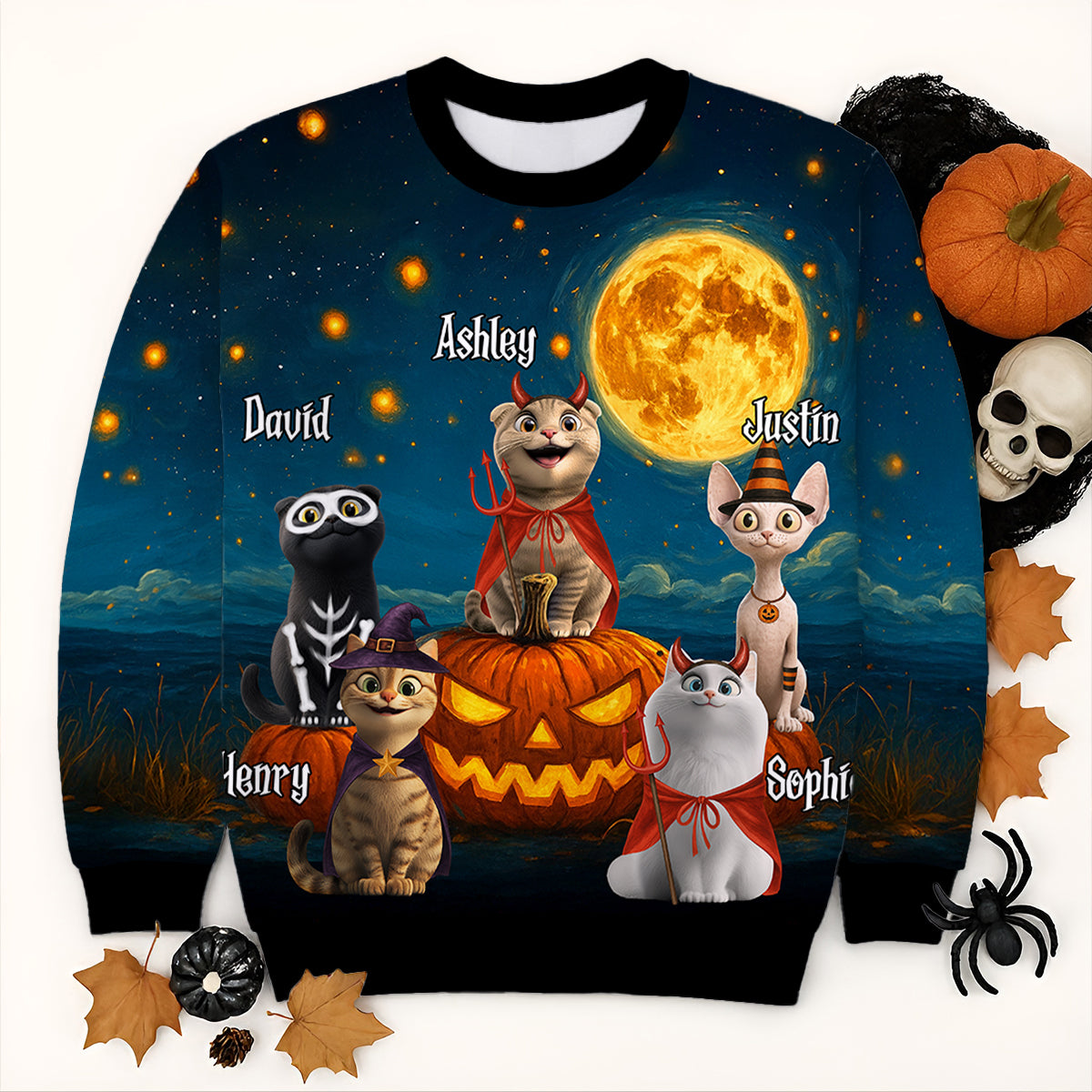 Chats d'Halloween Assis dans une Nuit Étoilée Sweatshirt 3D Personnalisé, Costume d'Halloween pour Amoureux des Chats — Bleu Clair