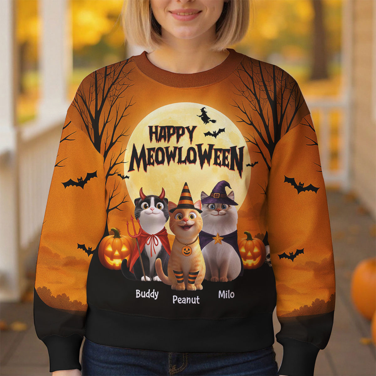 Happy Meowloween Sweat-shirt 3D personnalisé, Costume d'Halloween pour les amoureux de chats — Sable
