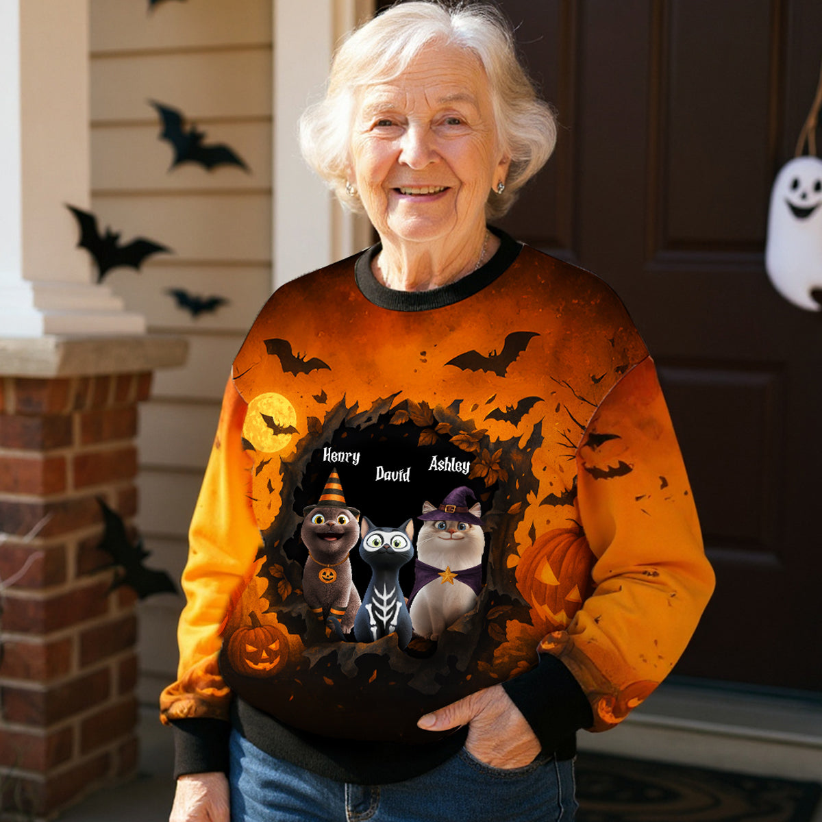 Halloween 3D-Katze auf gespenstischer Flucht Personalisiertes 3D-Sweatshirt, Halloween-Kostüm für Katzenliebhaber — Schwarz