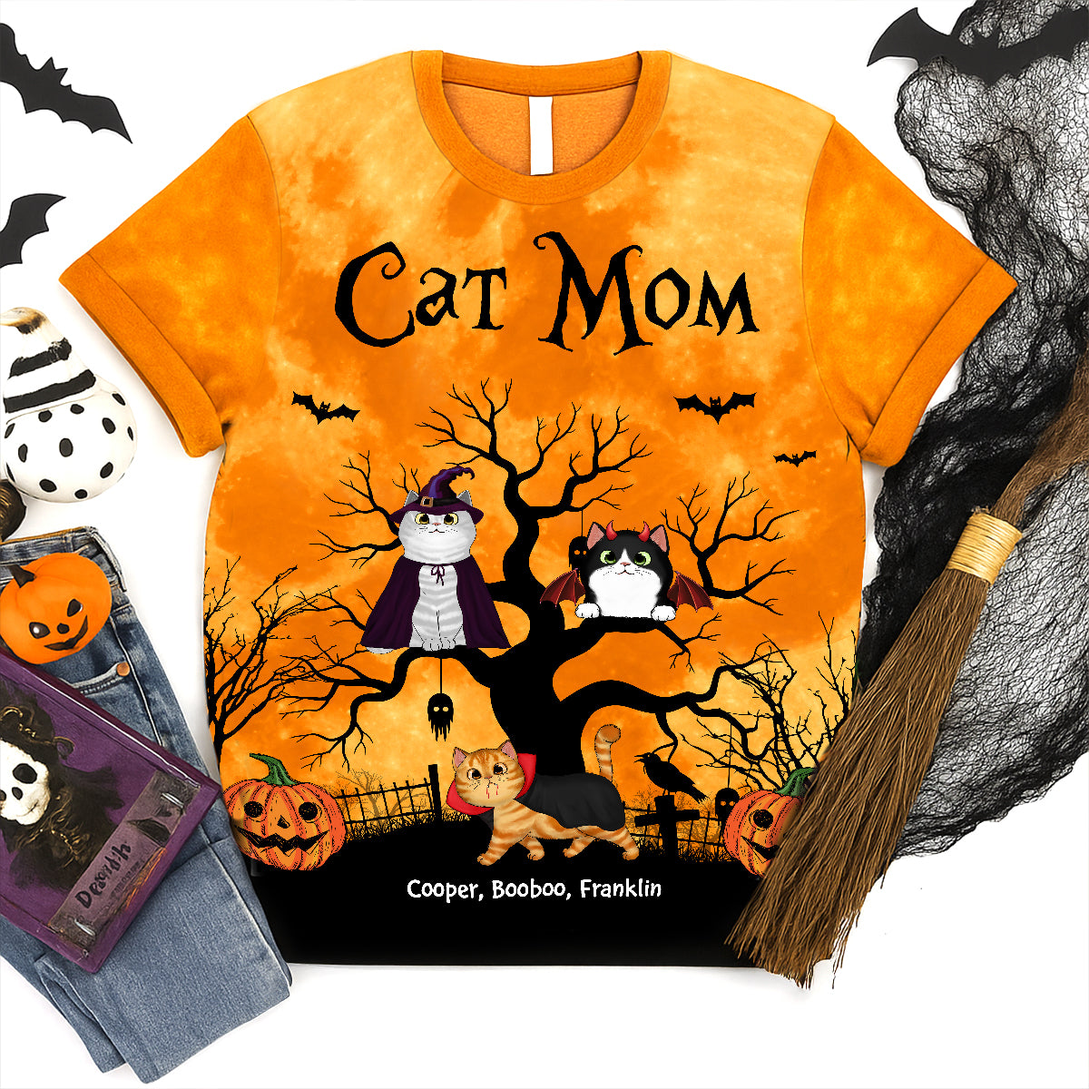 T-shirt Personnalisé Maman Chat Halloween Clair de Lune Chauve-souris Arbre à Chat, Costume Purr-fait pour Amoureux des Chats — Blanc