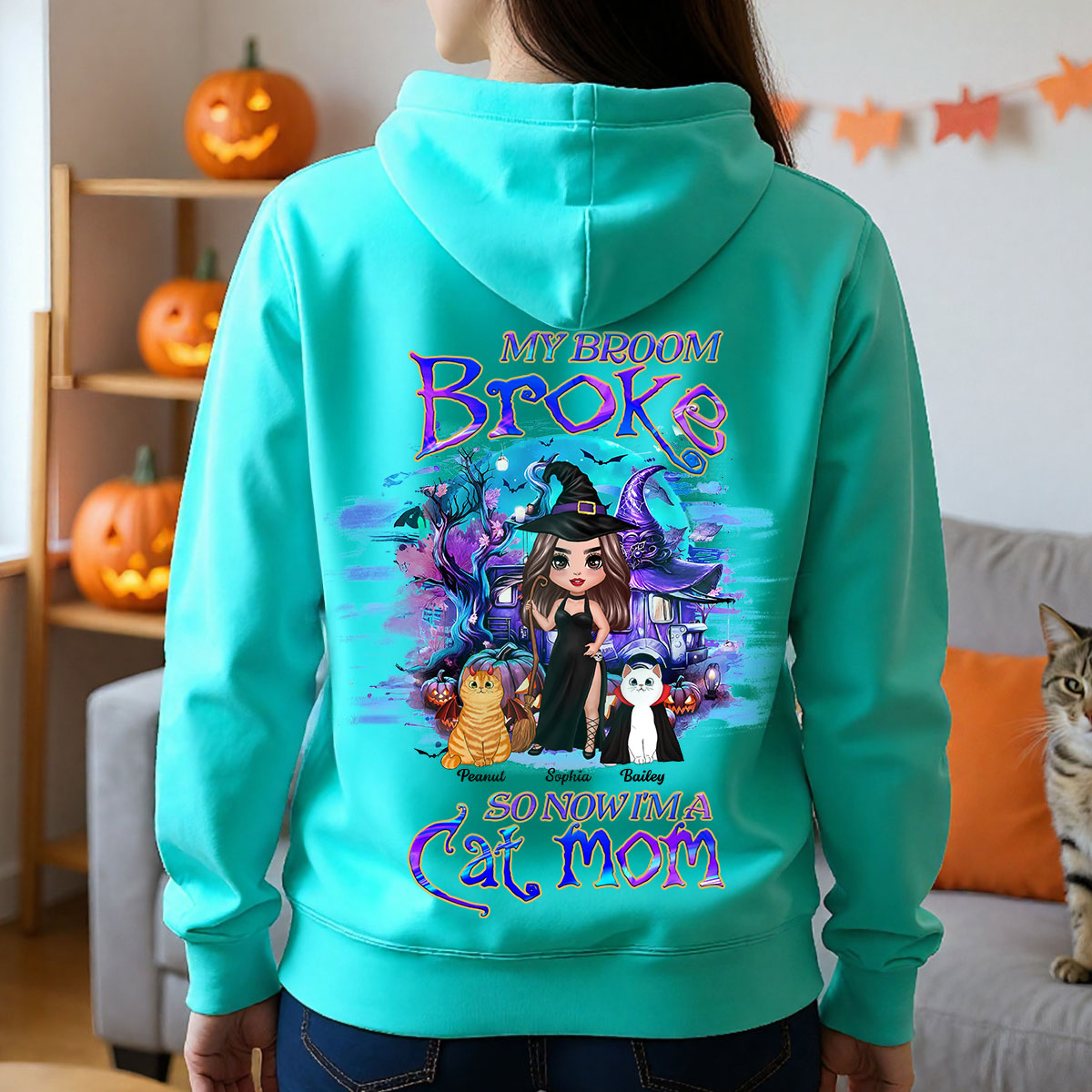 Mon balai est cassé alors je suis maman chat Sweat à capuche personnalisé Halloween — Bleu clair