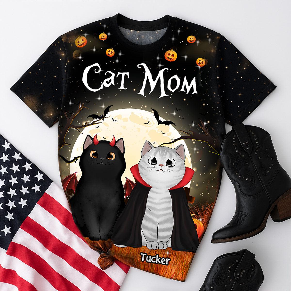 T-shirt Personnalisé Chats Effrayants À La Lueur De La Lune D'Halloween, Costume D'Halloween Pour Amoureux Des Chats — Noir