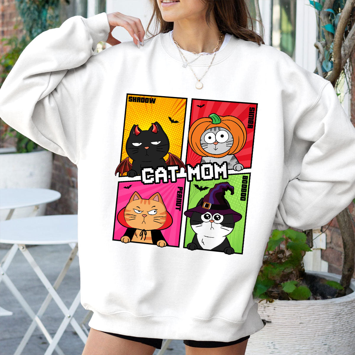 Halloween Lustige Cartoon-Katze Personalisiertes Sweatshirt — Weiß