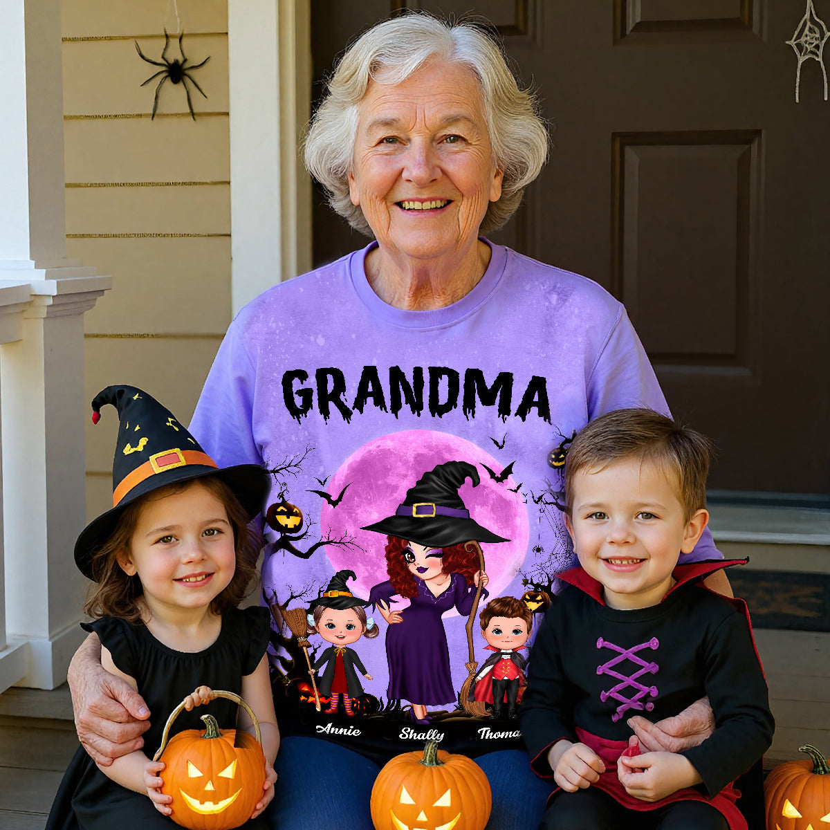 Hübsche Hexen-Oma & Kinder Mond Fledermaus Baum - Personalisiertes 3D-Shirt — Weiß