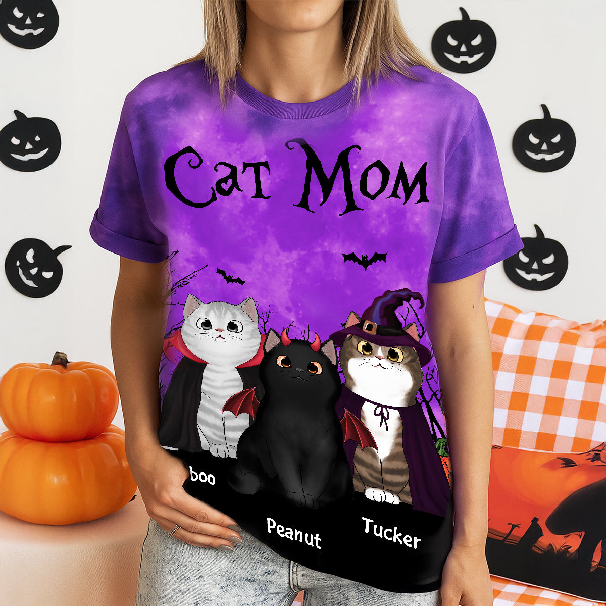 T-shirt Personnalisé Maman Chat Thème Sorcellerie Halloween Lune Chauve-souris Arbre, Costume Purrfait pour Amoureux des Chats — Bleu Clair