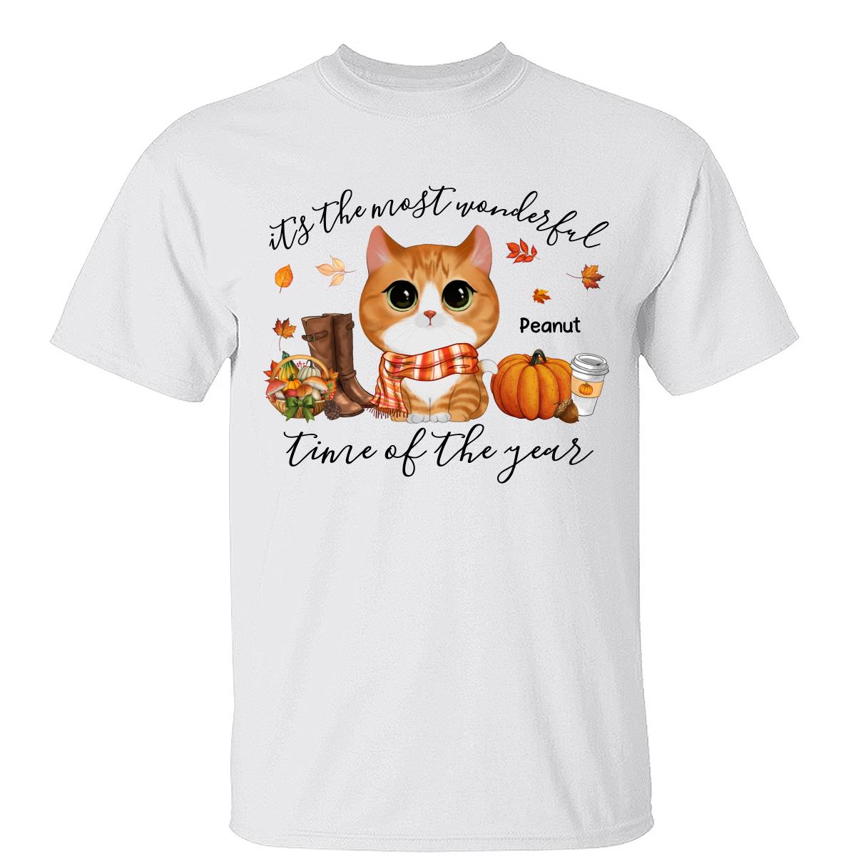 Fall Season Watercolor Cute Cats It's The Most Wonderful Time Of The Year Personalized Shirt — White