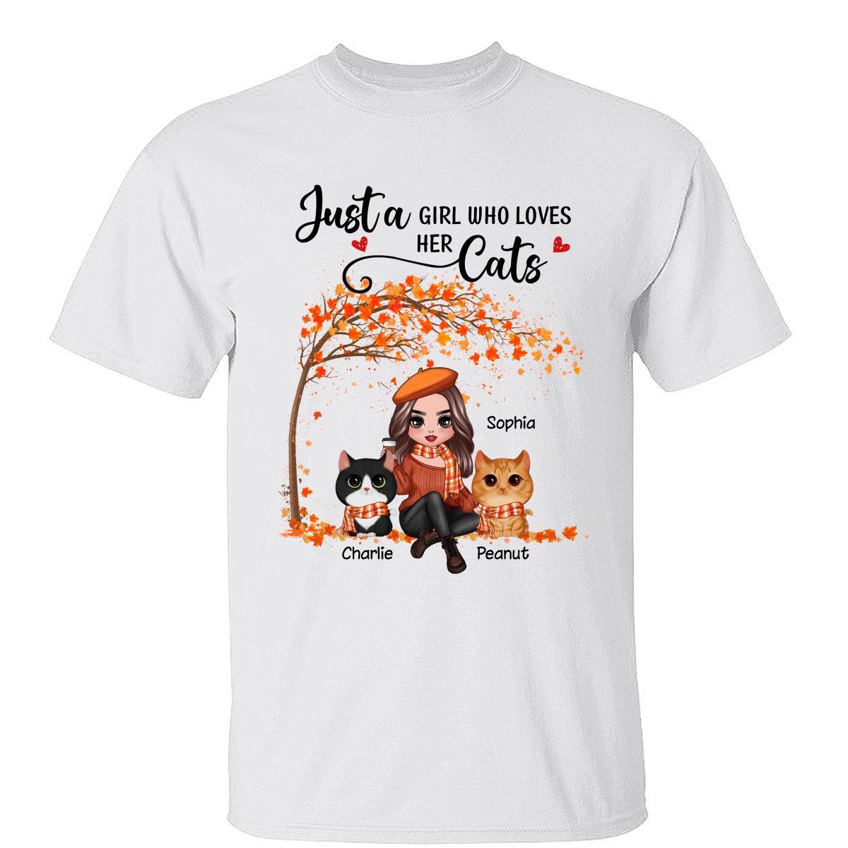 Fall Season Doll Woman Sitting With Watercolor Cute Cats Personalized Shirt — White