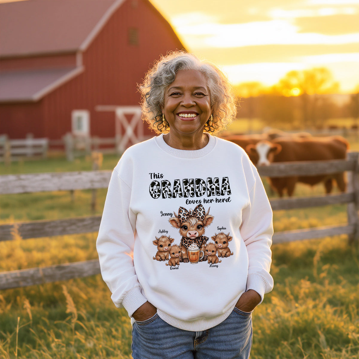 This Mama Grandma Loves Her Herds – Cozy Fall Vibe Personalized Highland Cow Family Sweatshirt — White