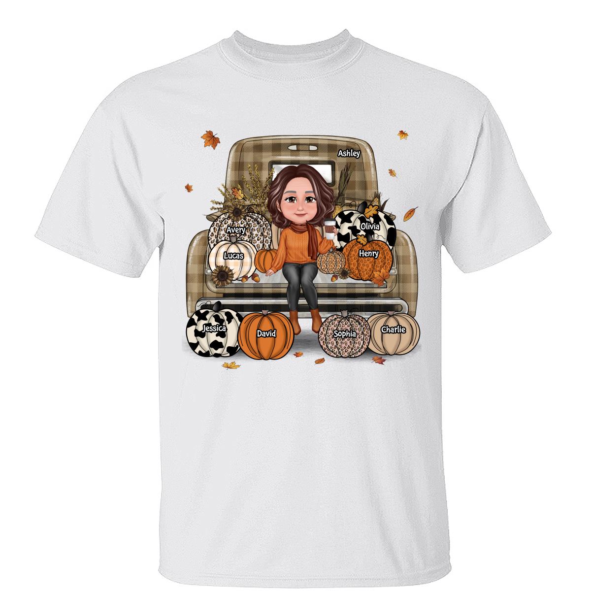 Grandma Mom Fall Season Sitting On Leopard Truck Pumpkins Personalized Shirt — White