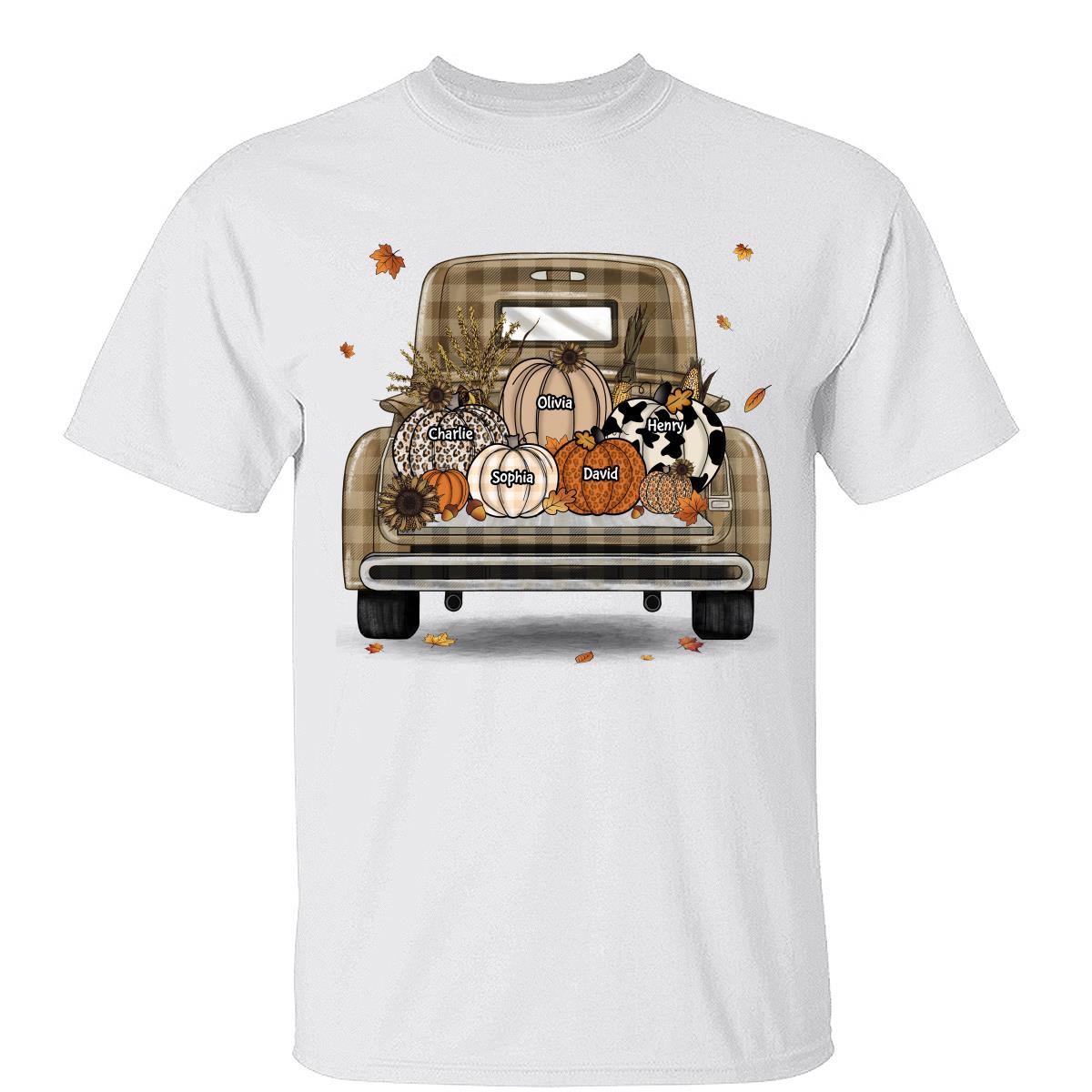 Grandma Mom Fall Season Leopard Truck Pumpkins Personalized Shirt — White