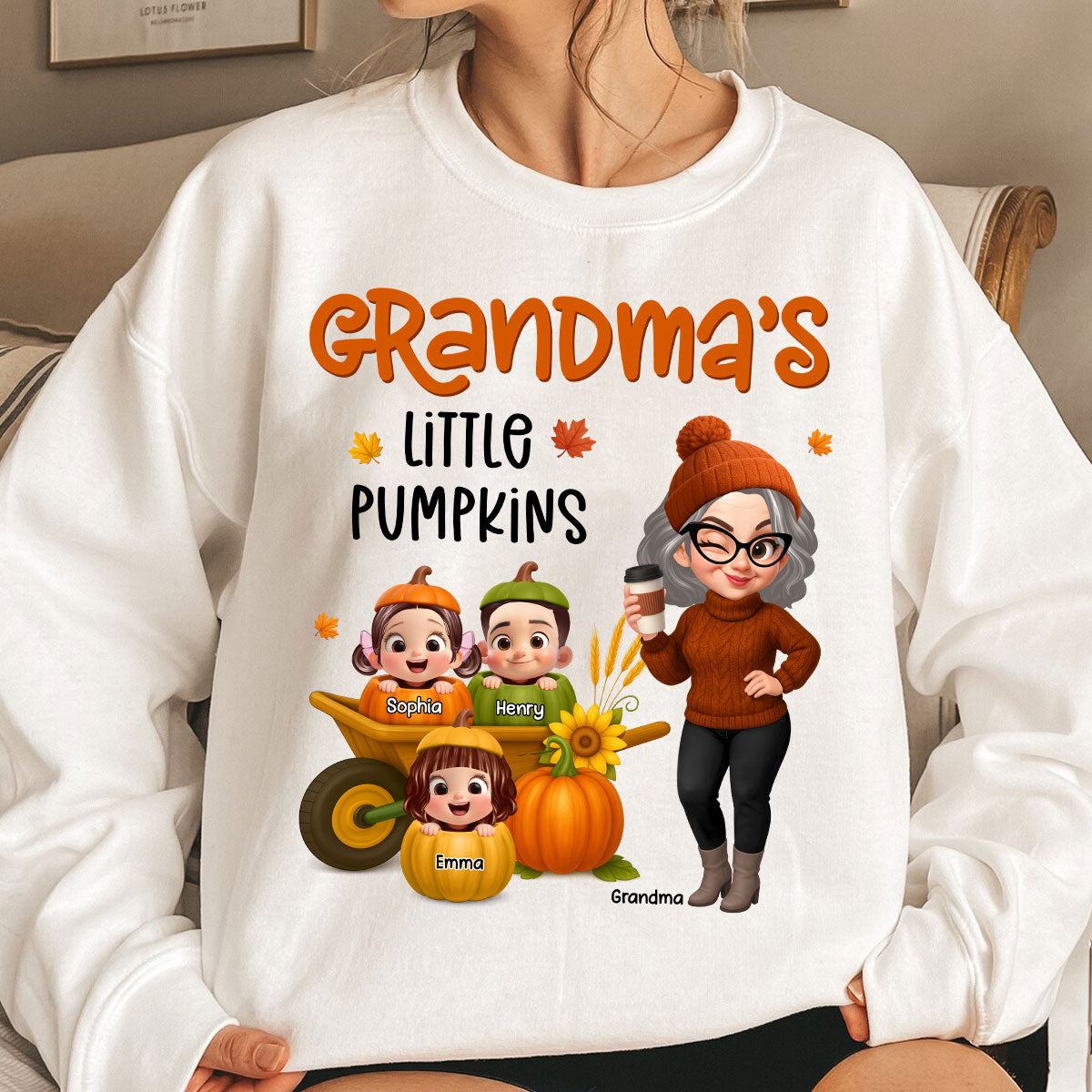 Grandma's Litttle Pumpkins Pretty Grandma And Kids Personalisiertes Shirt, Herbstgeschenk — Weiß