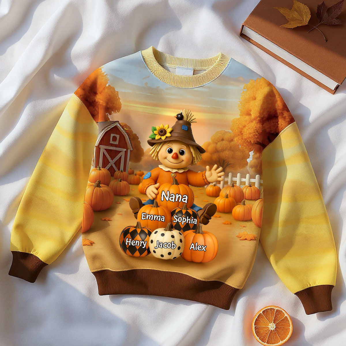 Fall Season Grandma Scarecrow Grandkids Pumpkins 3D Effect Personalized Sweatshirt — Sand