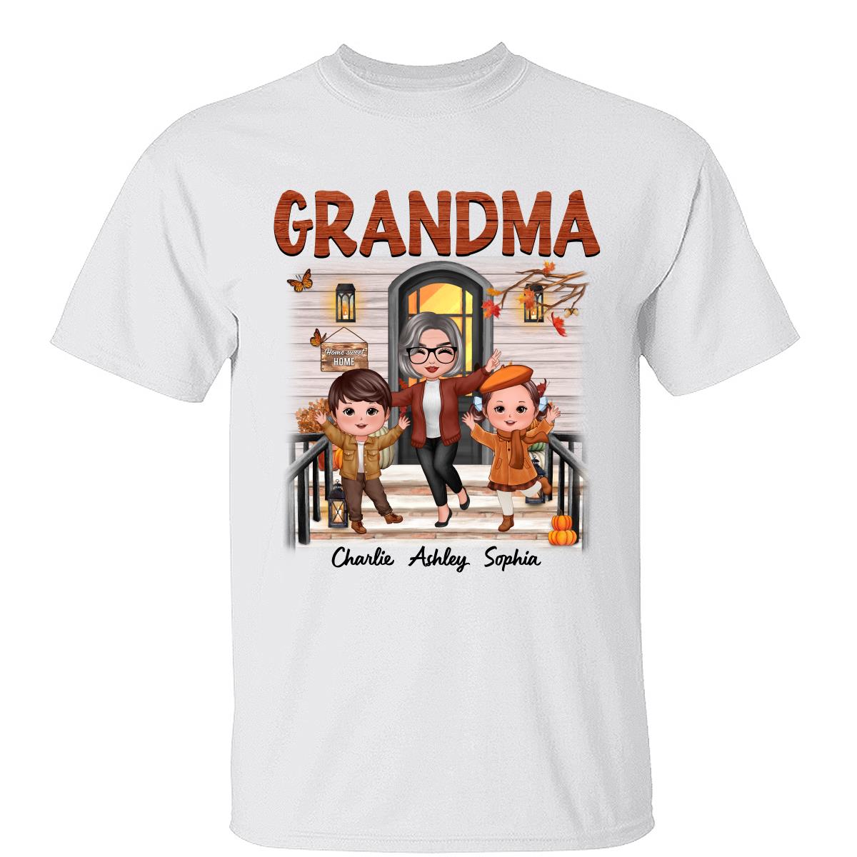 Herbstsaison Glückliche Puppen-Oma Und Enkelkinder Veranda Personalisiertes Shirt — Weiß