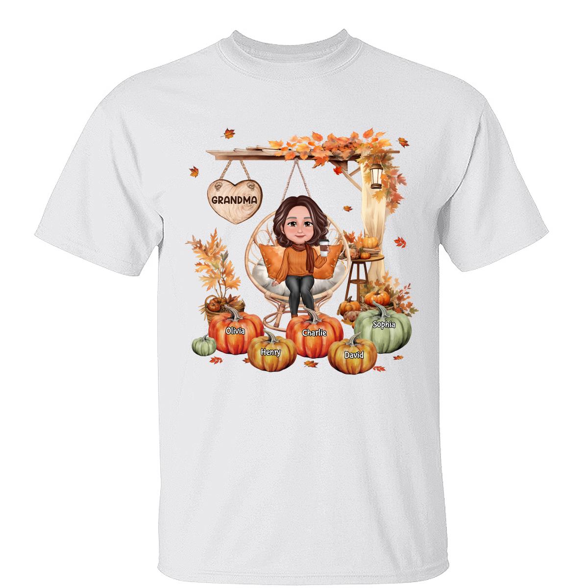 Oma Sitzend Auf Schaukelstuhl Herbst Personalisiertes Shirt — Weiß