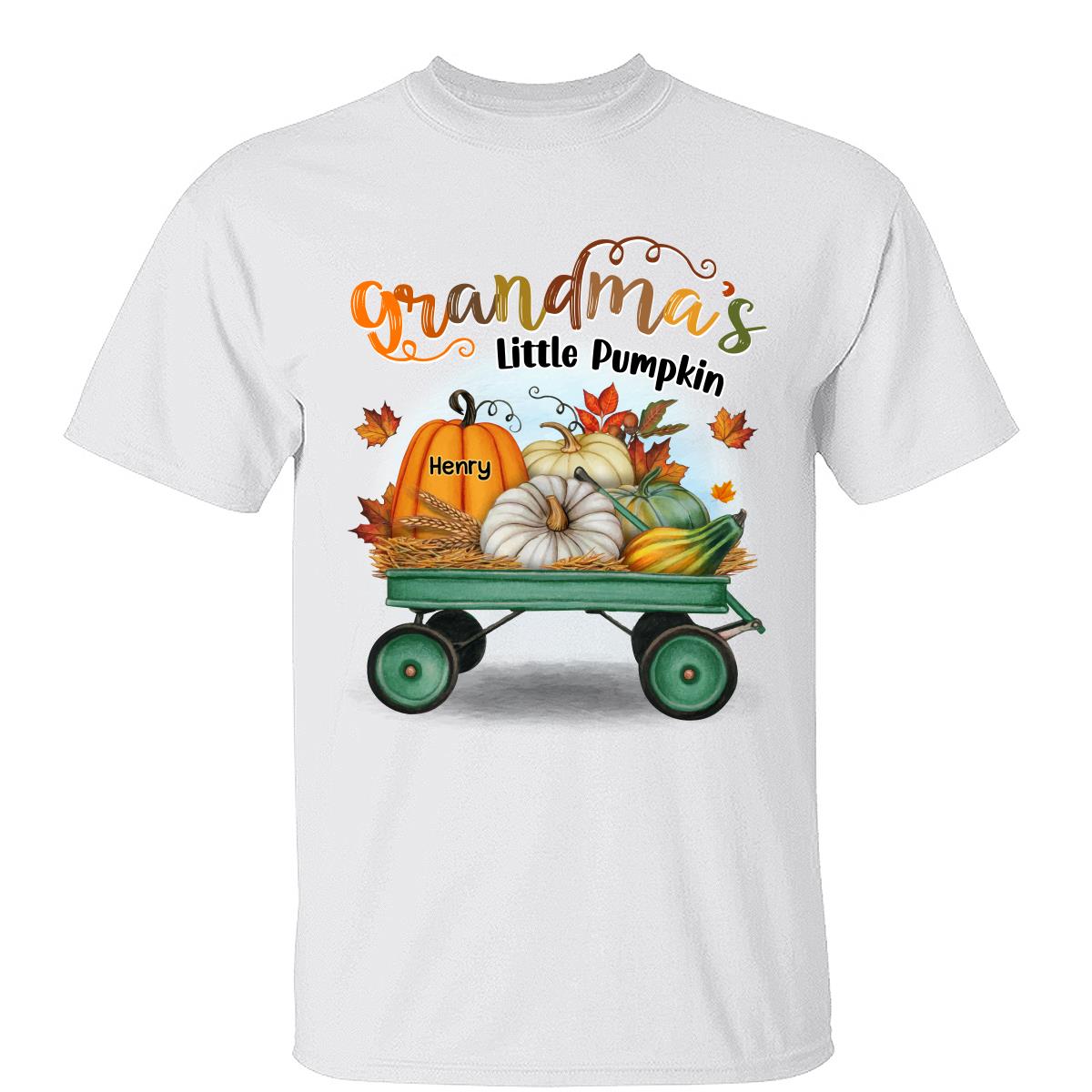 Fall Season Pumpkin Wagon Grandma Little Pumpkins Personalized Shirt — White