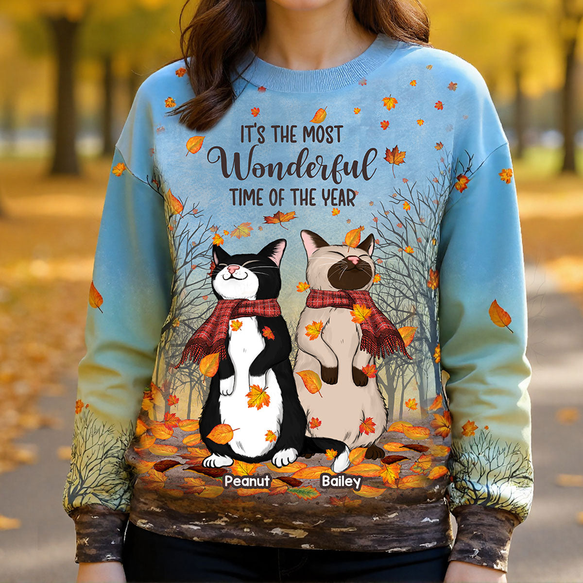 It's Fall Y'all Hello Fall Cute Standing Cats In Fall Season Theme Personalized Sweatshirt, Purrfect Gift for Cat Lover — Light Blue