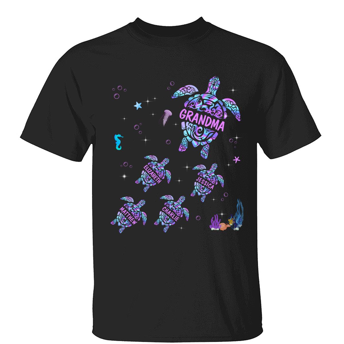 T-shirt Personnalisé Grand-mère Maman Tortues Hologramme Été — Noir