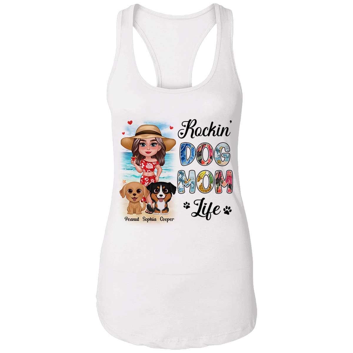 Summer Doll Woman New Face With Watercolor Cute Dogs Rockin' The Dog Mom Life Personalized Tank Top Shirt — White
