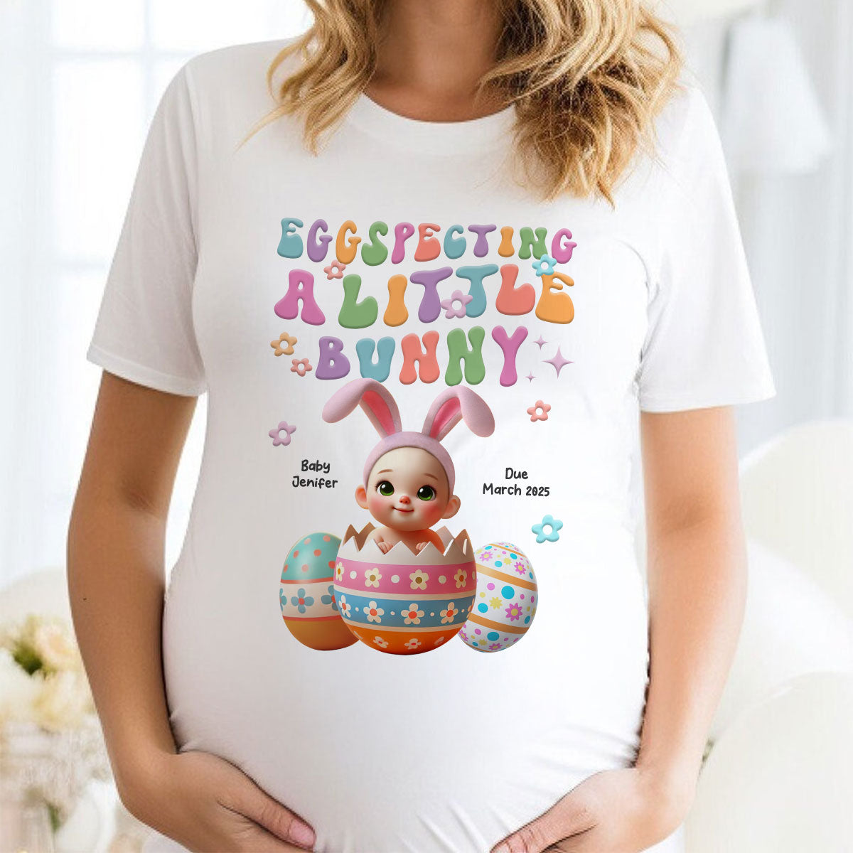 Eggspecting A Little Bunny Personalized Shirt, Easter Pregnancy Announcement, Easter Maternity Expecting Gift for Mom — White