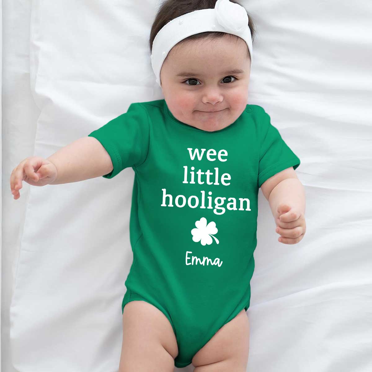 Wee Little Hooligan Custom Baby Name St. Patrick's Day Personalized Baby Onesie — White