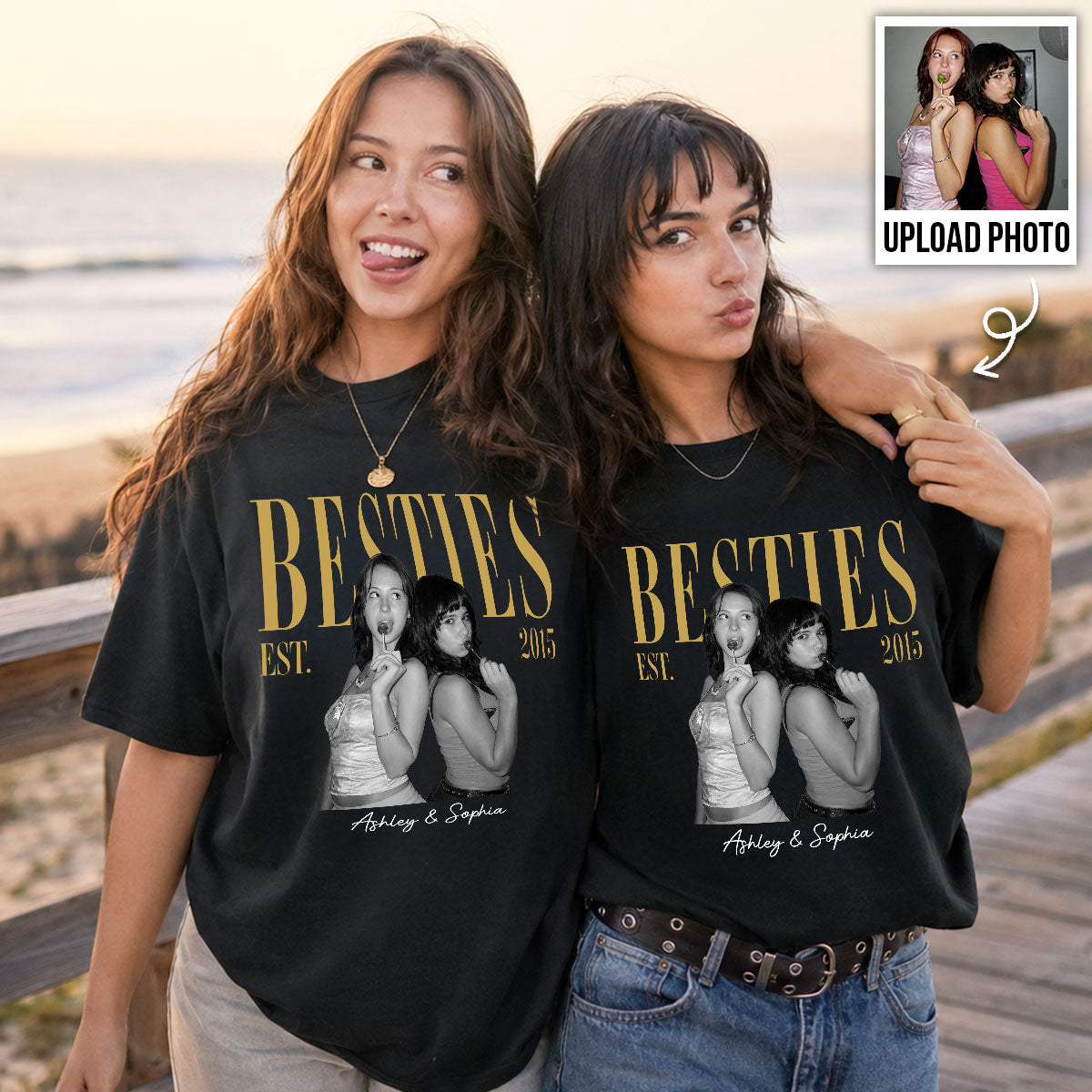 Vintage Retro Besties Best Friends Upload Photo - Personalized Shirt - Birthday Gift For Best Friends, Matching Friends Group T-shirt — Black