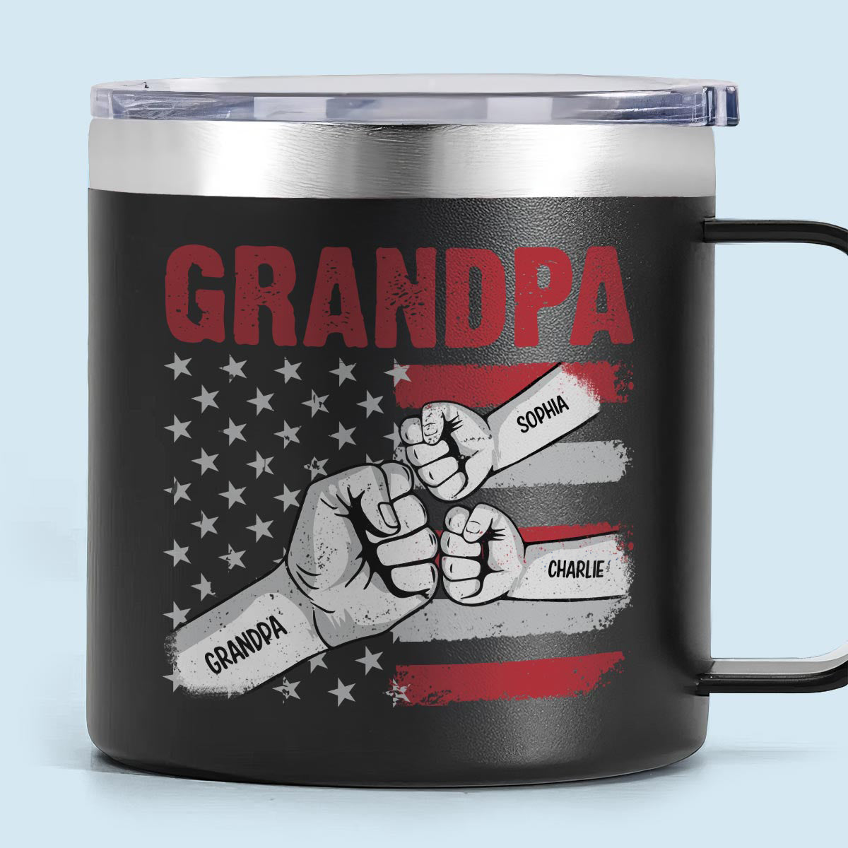 Grandpa Fist Bump Nation Flag Personalized Stainless Steel Tumbler With Handle, Birthday Gift For Grandpa, Father's Day Gift or Just Because — Black