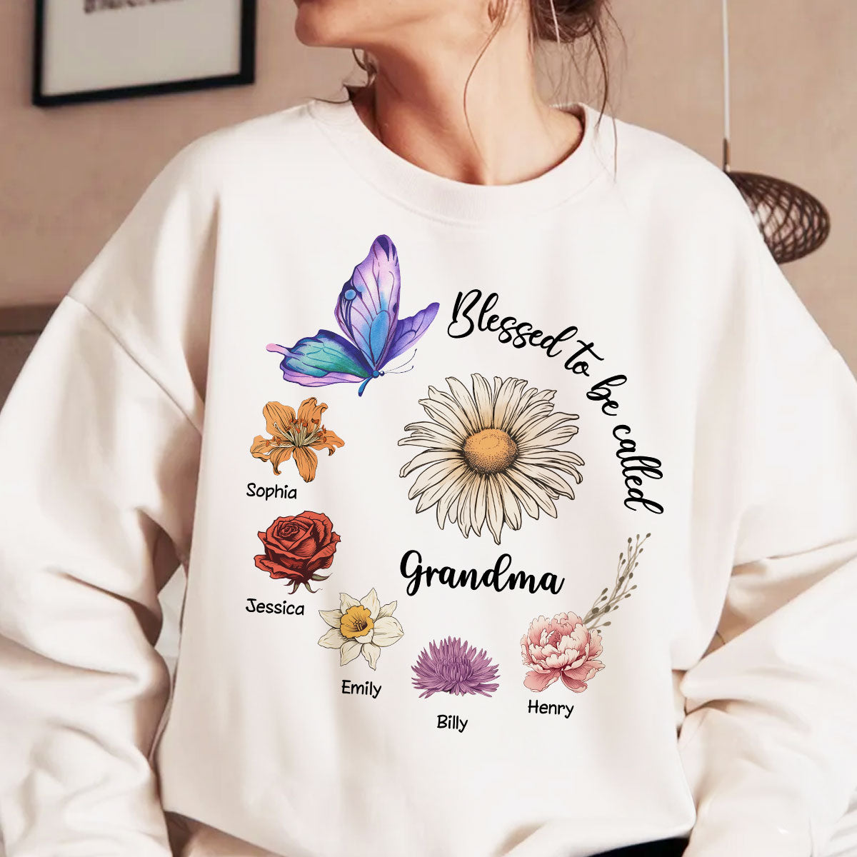 Blessed To Be Called Mom Grandma Circle Birth Month Flowers Personalized Shirt, Gift for Moms, for Grandmas — White