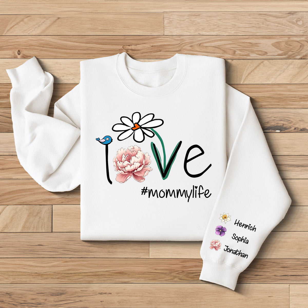 Love Grandma Life Mom Life Birth Month Flowers Personalized Sleeve Printed Sweatshirt, Mother's day gift for Moms, for Grandmas — White