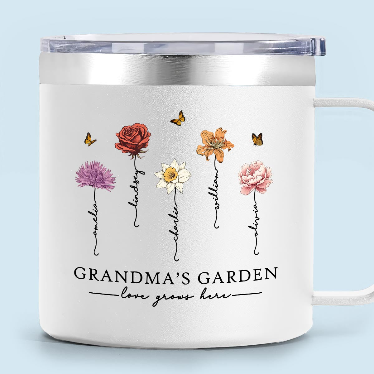 Grandma's Garden Love Grows Here Beautiful Birth Month Flower Personalized Stainless Tumbler With Handle — White