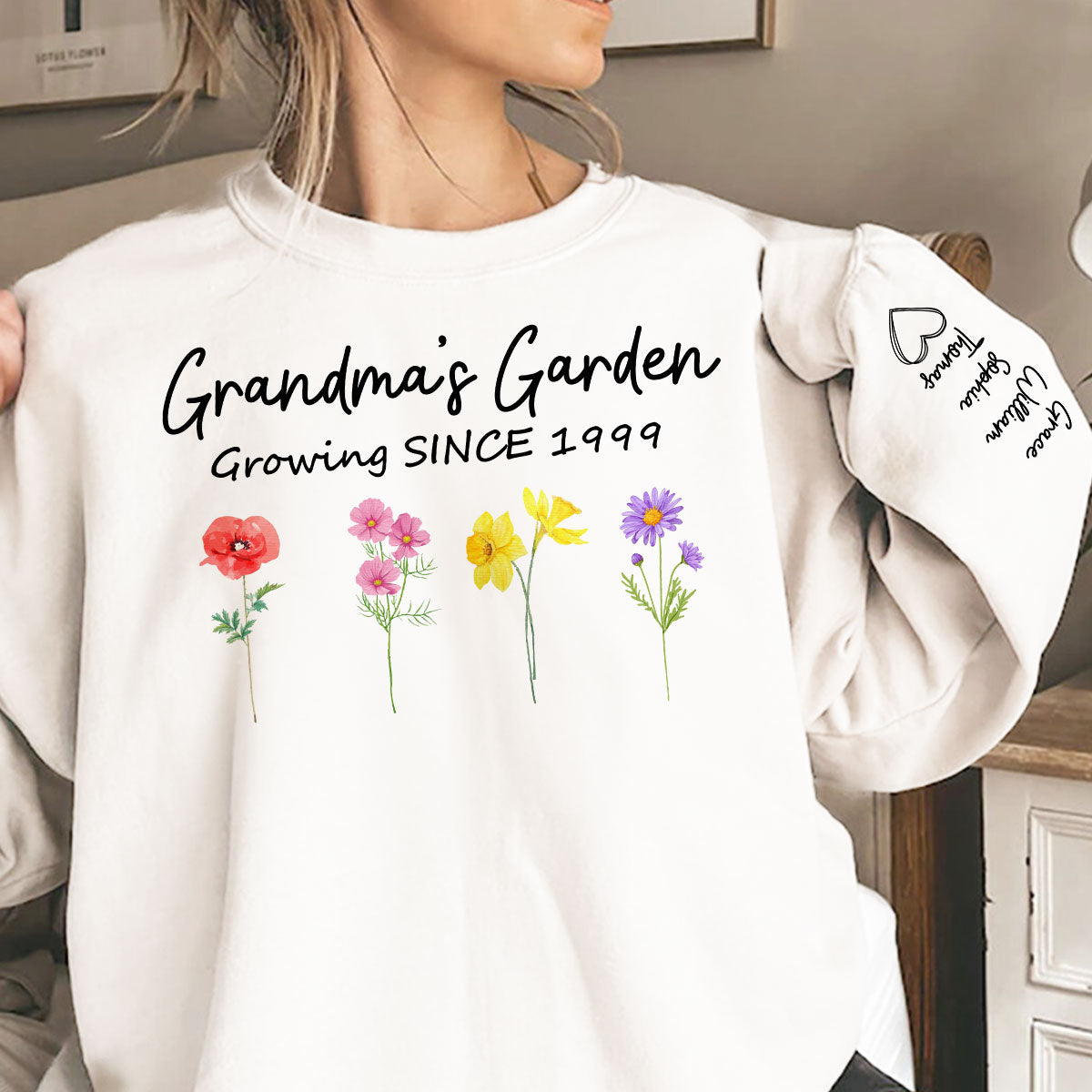 Grandma Garden Growing Since Custom Birth Month Flower Shirt for Grandmother, Gift, Personalized Sleeve Printed Sweatshirt — White